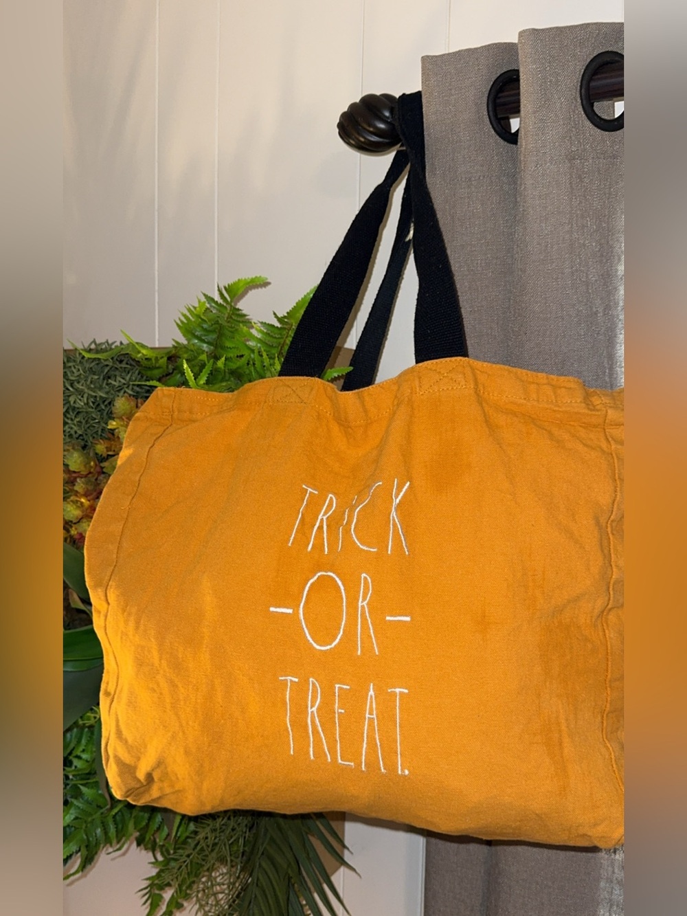 Rae Dunn Large Tote Bag TRICK OR TREAT Orange canvas black handled Halloween